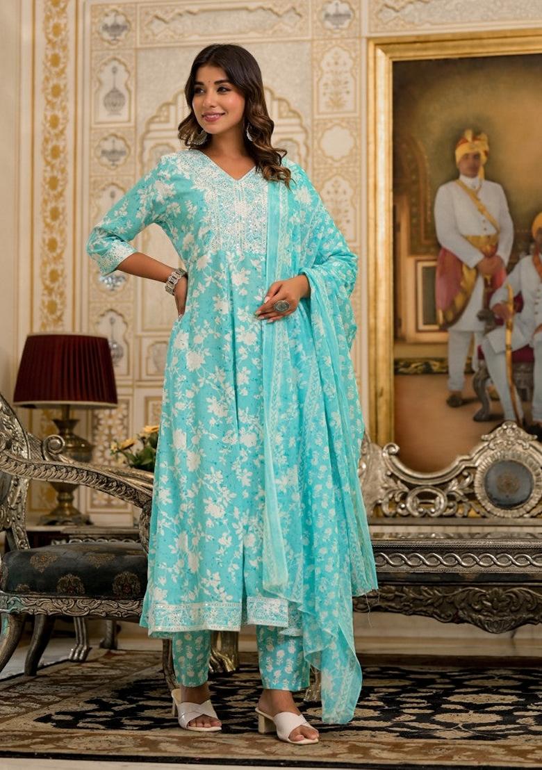 Green Printed Rayon Salwar Kameez With Dupatta