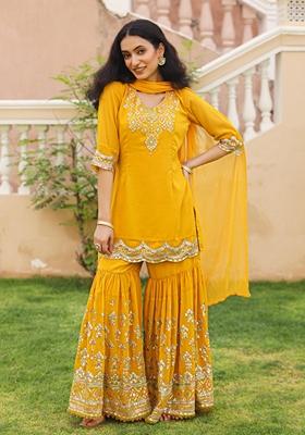 Mustard Yellow Embroidered Georgette Sharara Set With Dupatta