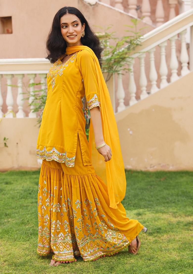 Mustard Yellow Embroidered Georgette Sharara Set With Dupatta