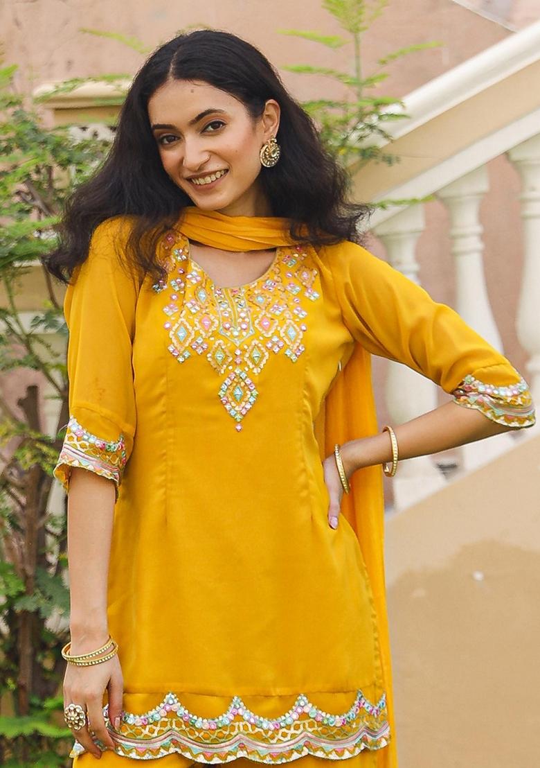 Mustard Yellow Embroidered Georgette Sharara Set With Dupatta