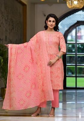 Pink Printed Cotton Blend Salwar Kameez With Dupatta