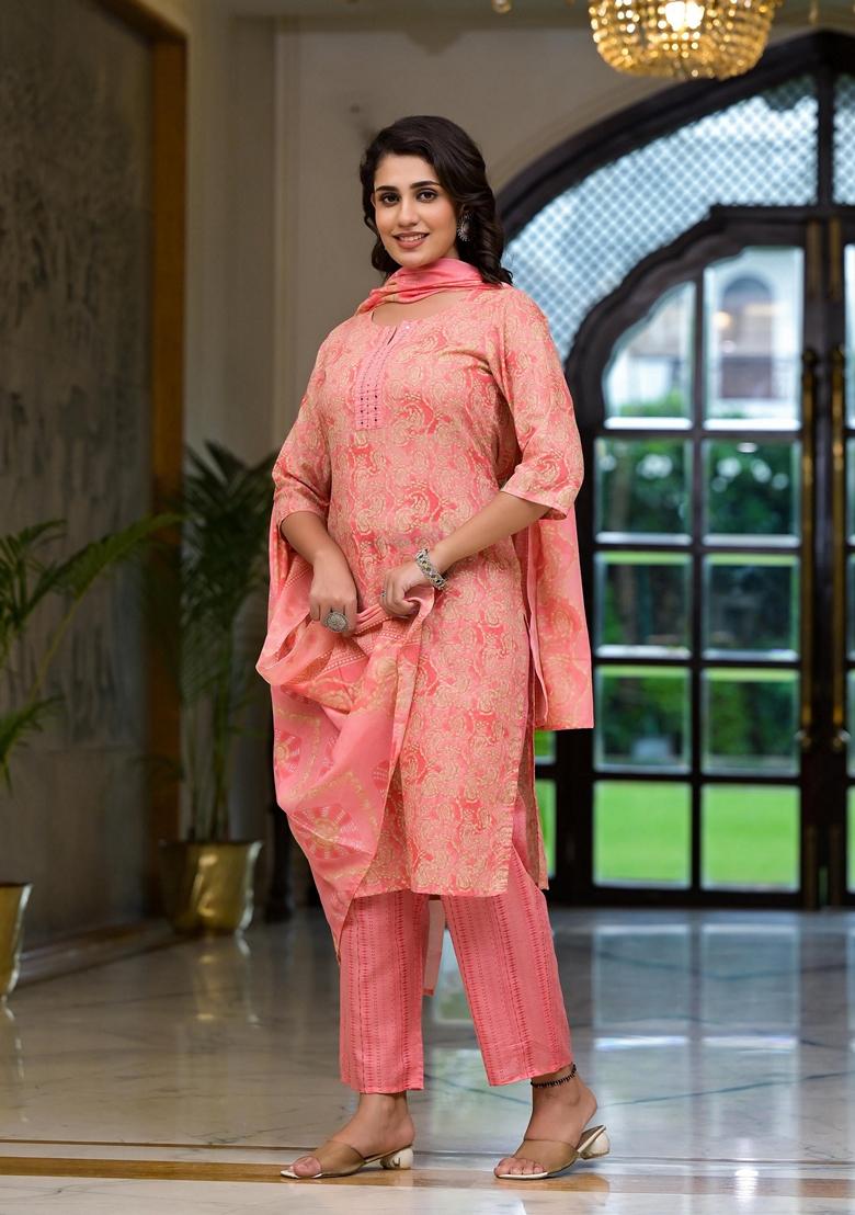 Pink Printed Cotton Blend Salwar Kameez With Dupatta