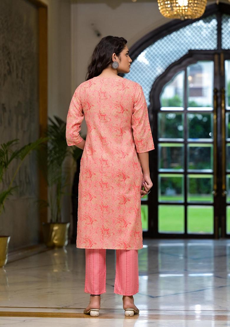 Pink Printed Cotton Blend Salwar Kameez With Dupatta
