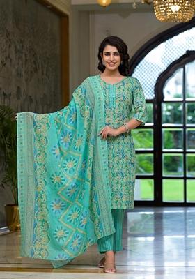 Green Printed Cotton Blend Salwar Kameez With Dupatta
