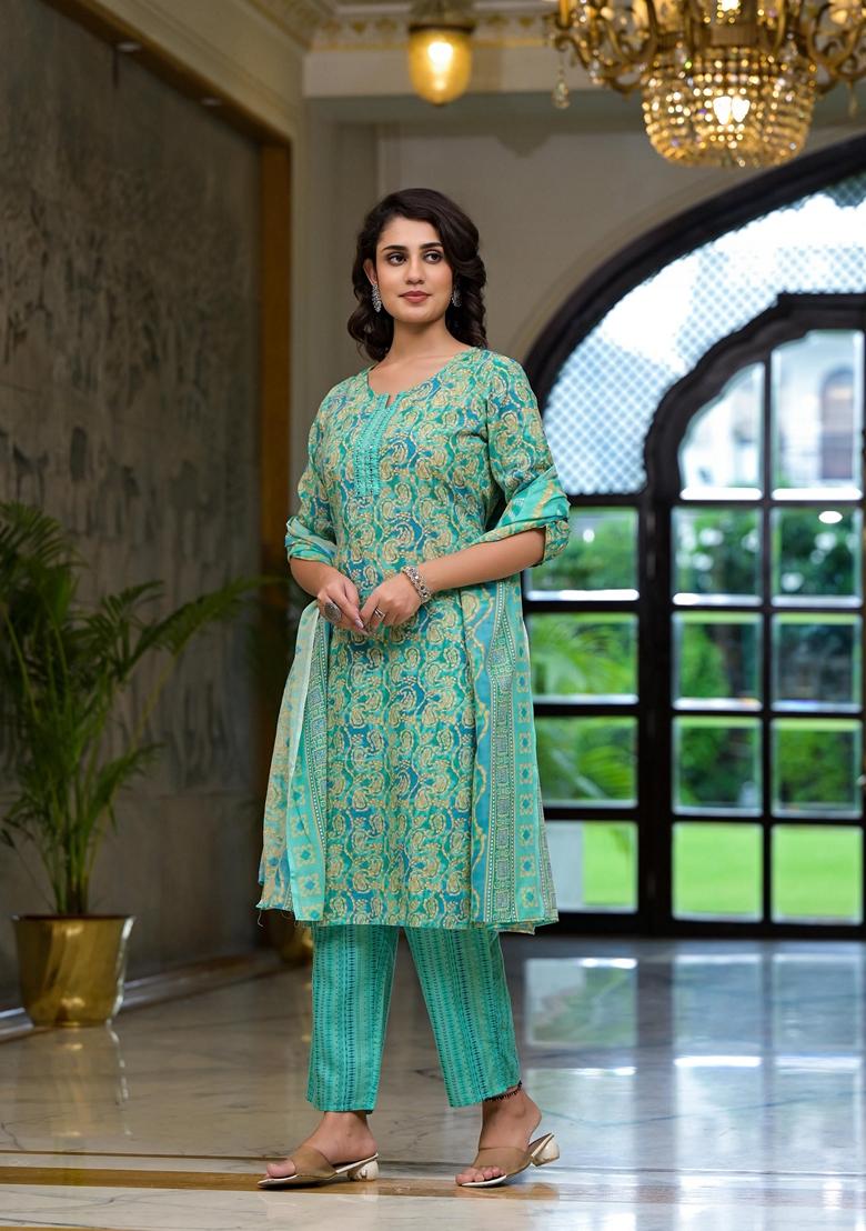 Green Printed Cotton Blend Salwar Kameez With Dupatta