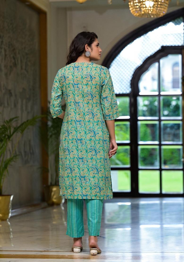 Green Printed Cotton Blend Salwar Kameez With Dupatta