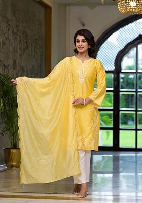 Yellow Embroidered Viscose Palazzo Set With Dupatta