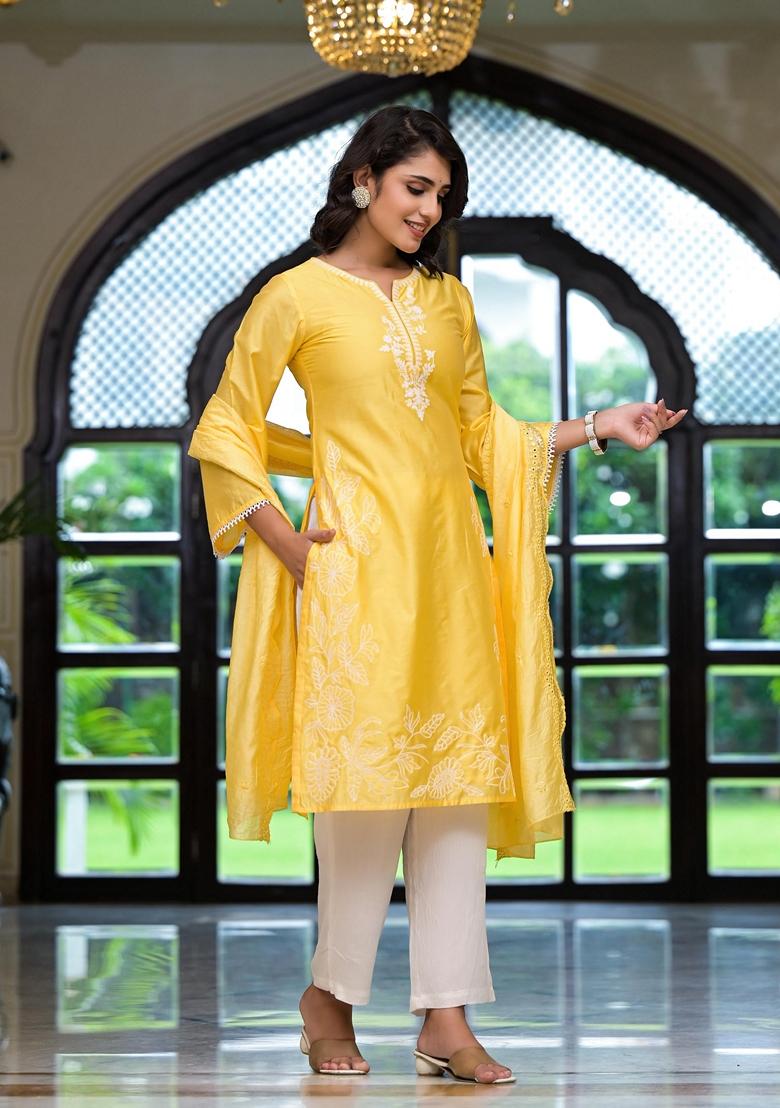 Yellow Embroidered Viscose Palazzo Set With Dupatta