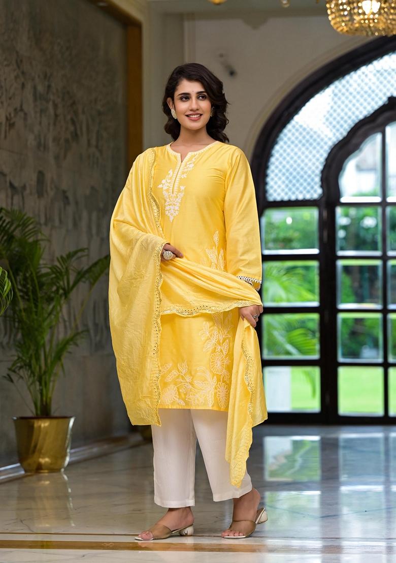Yellow Embroidered Viscose Palazzo Set With Dupatta