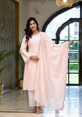 Pink Embroidered Viscose Palazzo Set With Dupatta