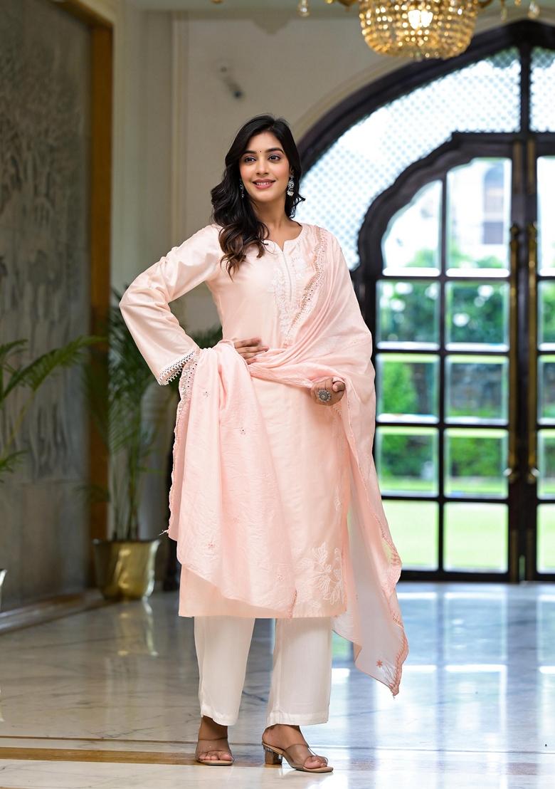 Pink Embroidered Viscose Palazzo Set With Dupatta