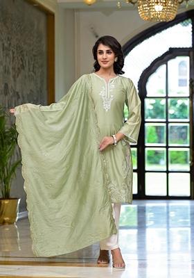 Olive Embroidered Viscose Palazzo Set With Dupatta