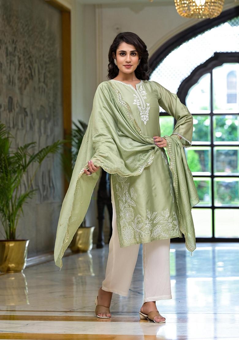 Olive Embroidered Viscose Palazzo Set With Dupatta