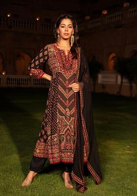 Black Printed Rayon Palazzo Set With Dupatta