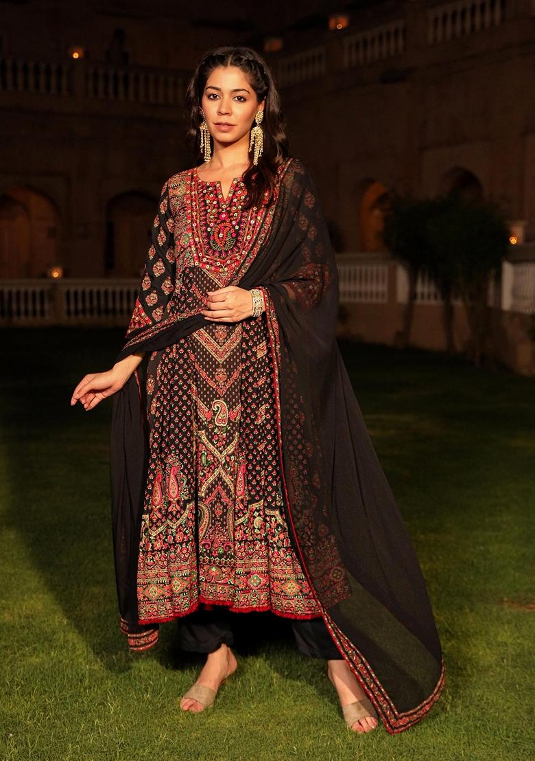 Black Printed Rayon Palazzo Set With Dupatta