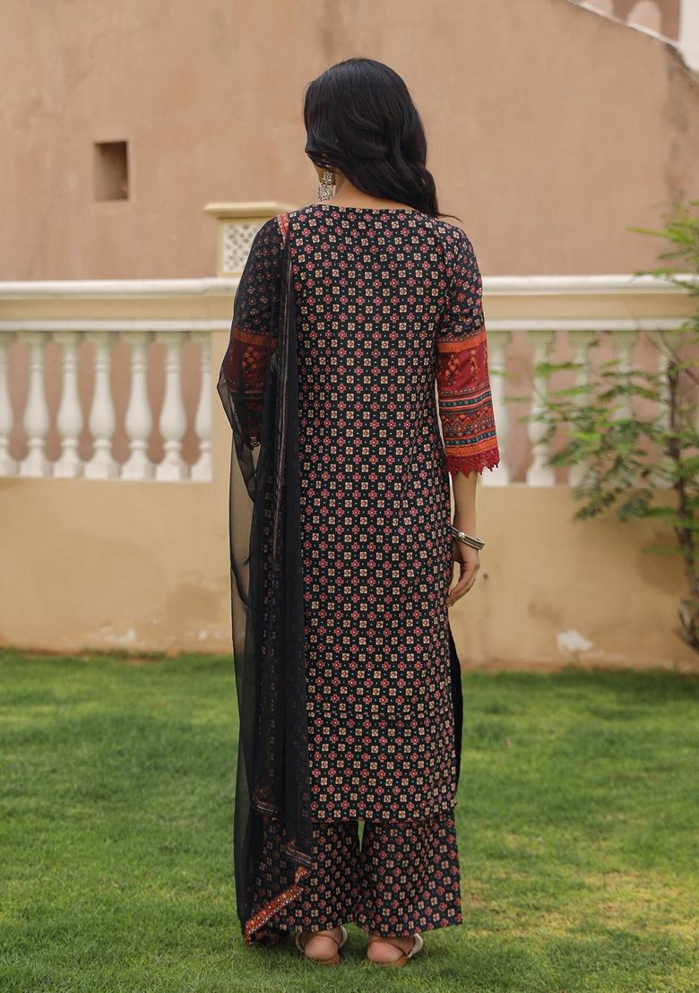 Black Printed Rayon Palazzo Set With Dupatta