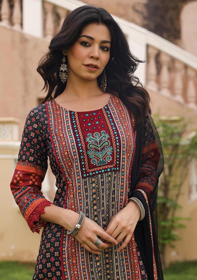 Black Printed Rayon Palazzo Set With Dupatta