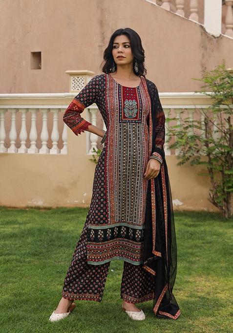 Black Printed Rayon Palazzo Set With Dupatta