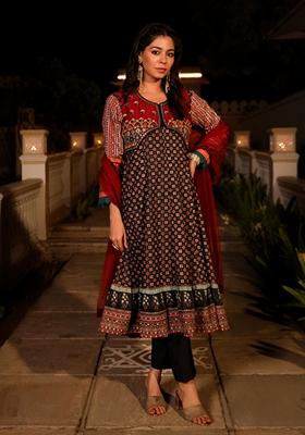 Black Printed Rayon Palazzo Set With Dupatta