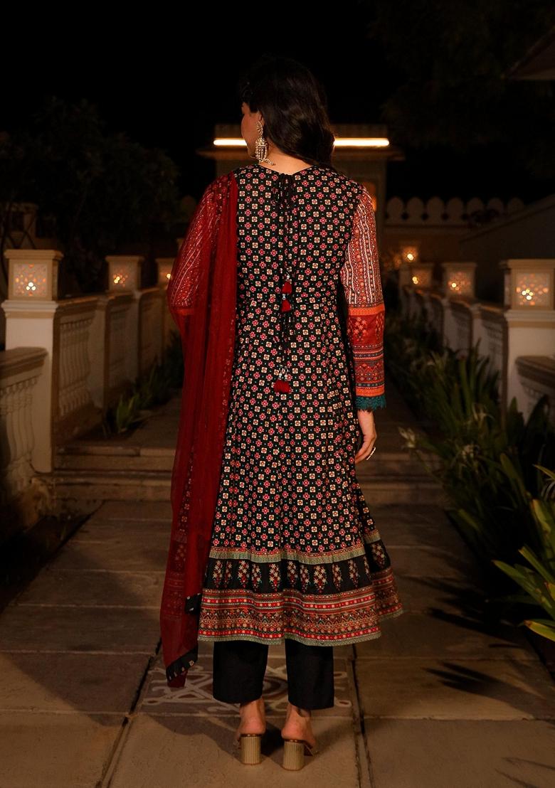 Black Printed Rayon Palazzo Set With Dupatta