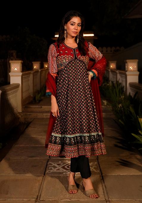 Black Printed Rayon Palazzo Set With Dupatta