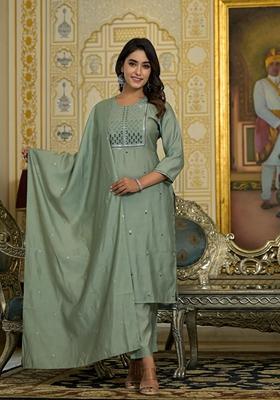 Mint Green Embroidered Viscose Salwar Kameez With Dupatta