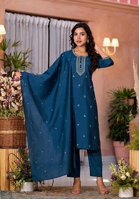 Teal Blue Embroidered Viscose Salwar Kameez With Dupatta