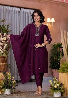 Wine Embroidered Viscose Salwar Kameez With Dupatta
