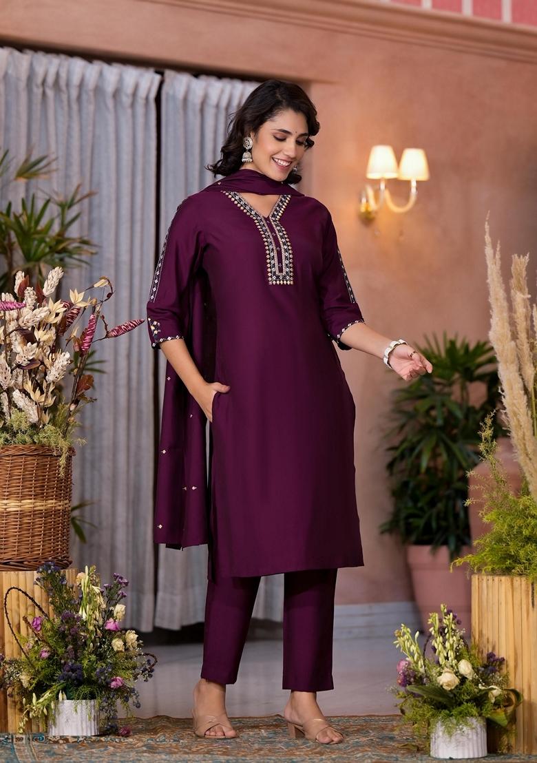 Wine Embroidered Viscose Salwar Kameez With Dupatta