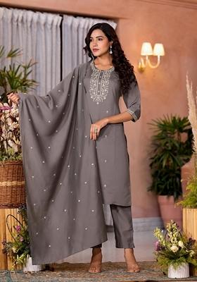 Dark Grey Embroidered Viscose Salwar Kameez With Dupatta