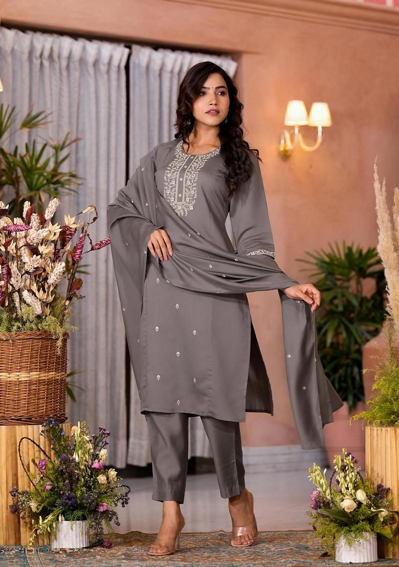 Dark Grey Embroidered Viscose Salwar Kameez With Dupatta