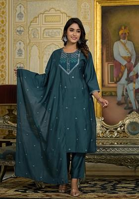 Rama Green Embroidered Viscose Salwar Kameez With Dupatta