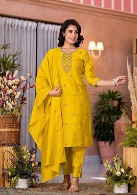 Yellow Embroidered Viscose Salwar Kameez With Dupatta