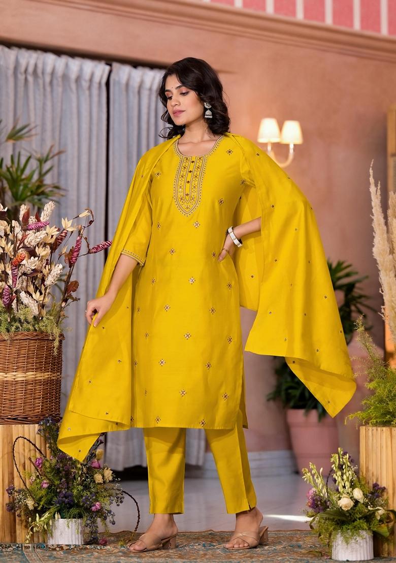 Yellow Embroidered Viscose Salwar Kameez With Dupatta