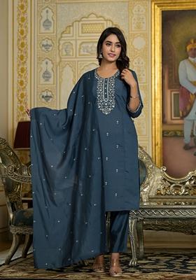 Grey Embroidered Viscose Salwar Kameez With Dupatta