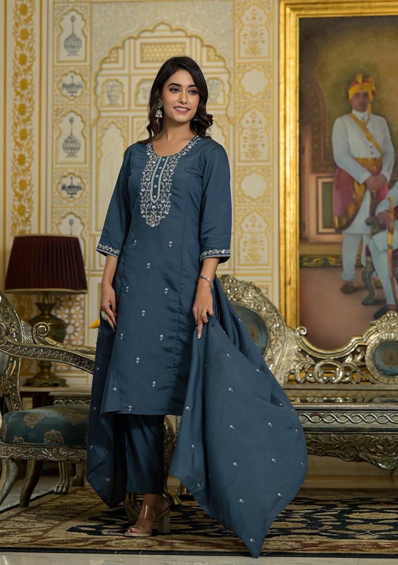 Grey Embroidered Viscose Salwar Kameez With Dupatta