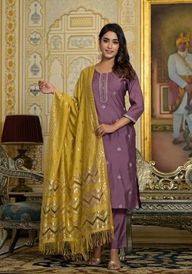 Onion Pink Embroidered Viscose Salwar Kameez With Dupatta