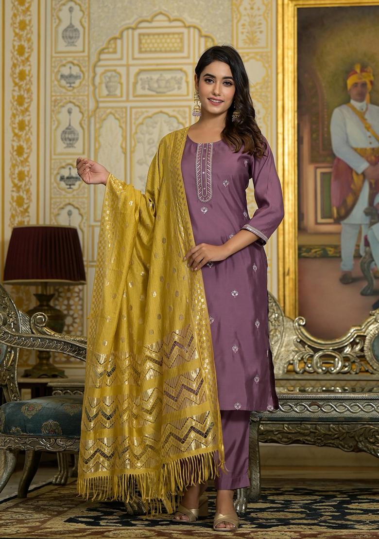 Onion Pink Embroidered Viscose Salwar Kameez With Dupatta