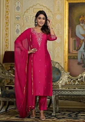 Fuchsia Pink Embroidered Viscose Salwar Kameez With Dupatta