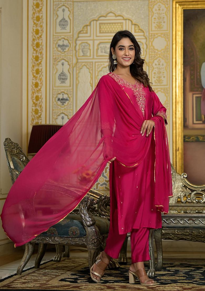Fuchsia Pink Embroidered Viscose Salwar Kameez With Dupatta