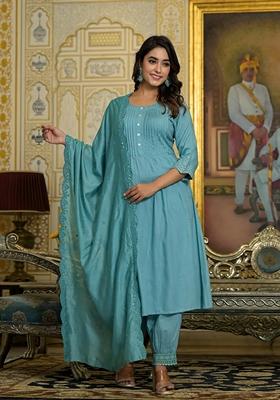 Sky Blue Embroidered Rayon Salwar Kameez With Dupatta