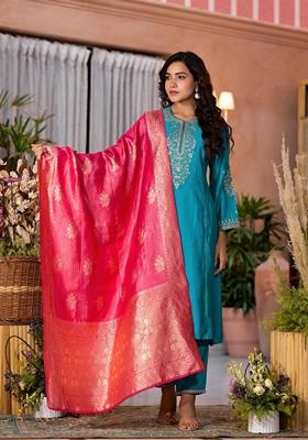 Turquoise Blue Embroidered Viscose Salwar Kameez With Dupatta