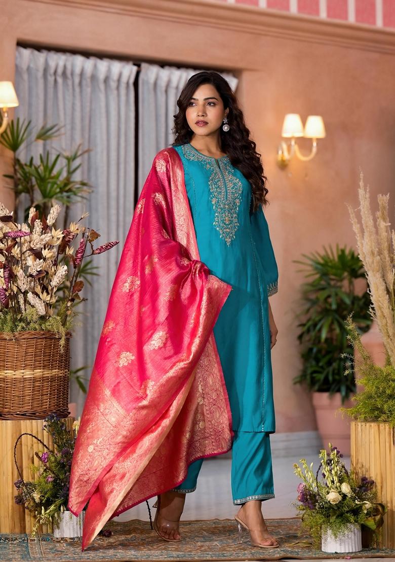 Turquoise Blue Embroidered Viscose Salwar Kameez With Dupatta