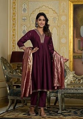 Wine Embroidered Viscose Salwar Kameez With Dupatta