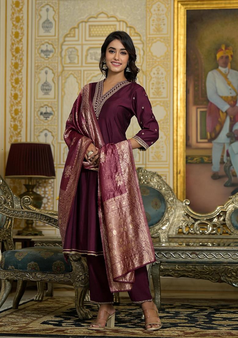 Wine Embroidered Viscose Salwar Kameez With Dupatta