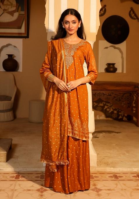 Mustard Yellow Printed Rayon Salwar Kameez With Dupatta