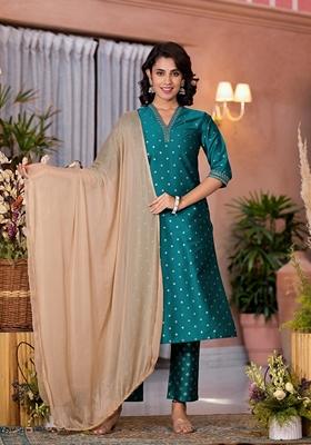 Rama Green Printed Cotton Blend Salwar Kameez With Dupatta