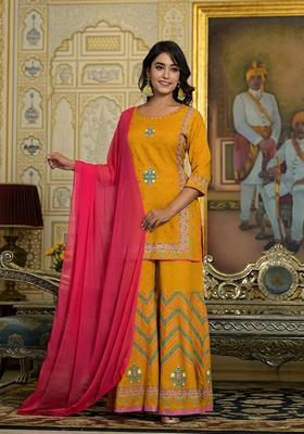 Mustard Yellow Printed Rayon Sharara Set With Dupatta