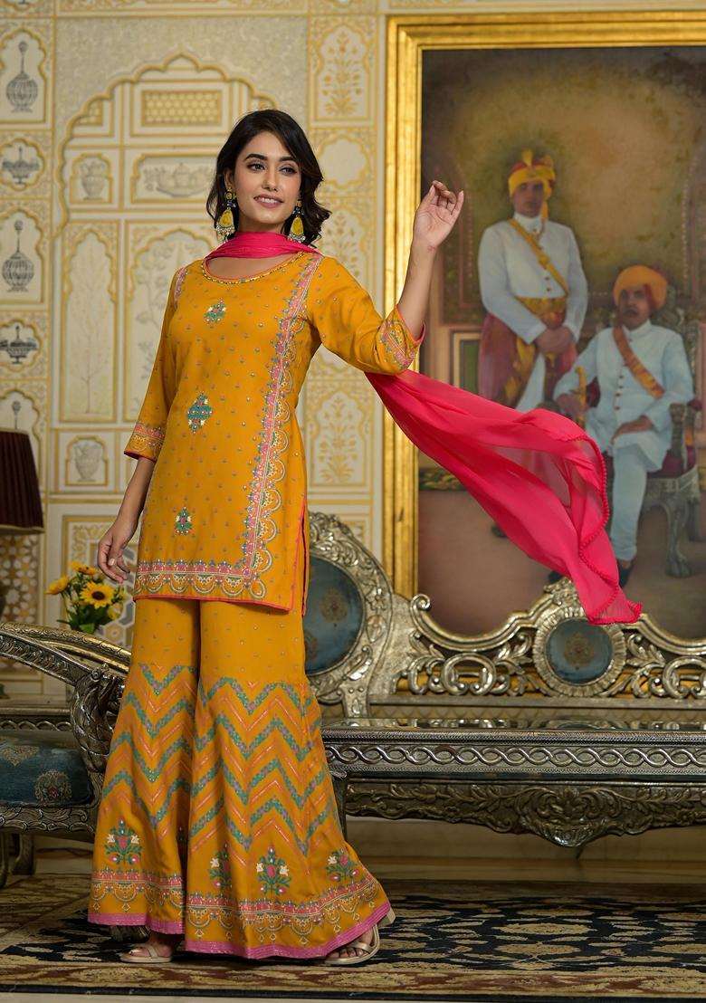 Mustard Yellow Printed Rayon Sharara Set With Dupatta