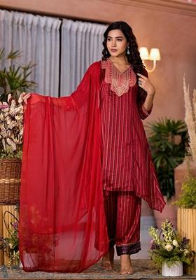 Red Printed Satin Salwar Kameez With Dupatta